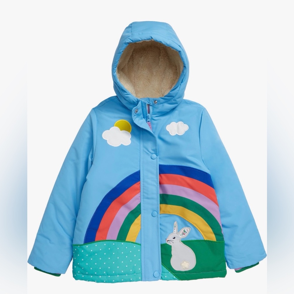 NWT. Mini Boden High Pile Fleece Lined Water Repellent Hooded Jacket, Size 5-6y